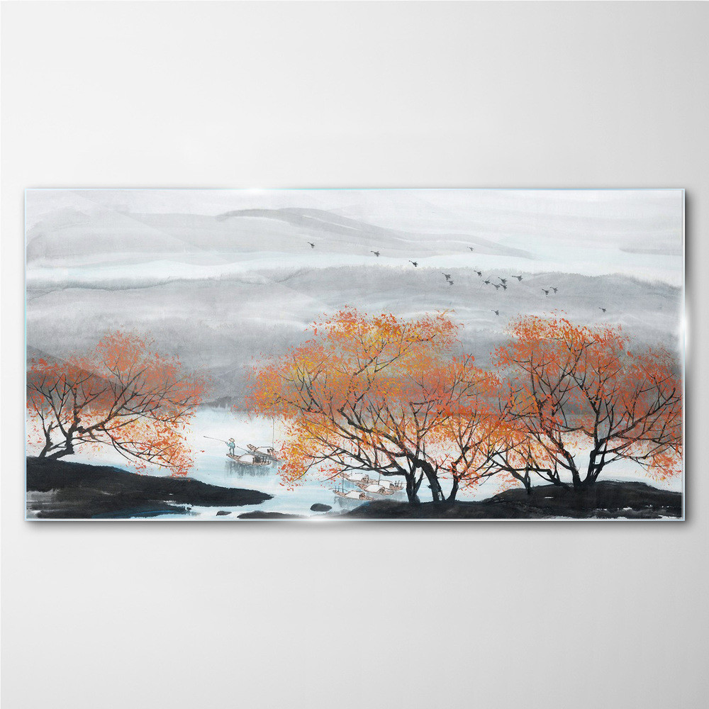 PL Coloray Obraz na Szkle Góry Drzewa Łodzie 120x60cm