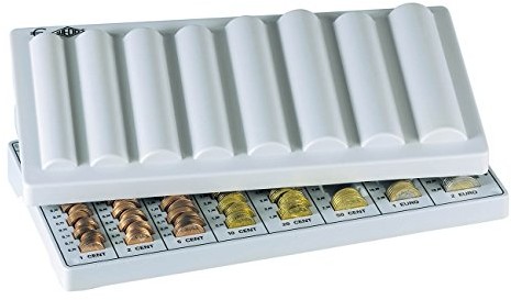 Wedo Eco 160500937 kasetka na monety Euro, z polistyrenu, z 8 przegródkami, pokrywką, uchwytem wpuszczanym i gumowymi stopkami antypoślizgowymi, wymiary: 33 x 18 x 4,5 cm, kolor: szary 160500937