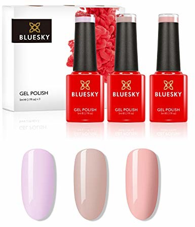 Bluesky Żelowy lakier do paznokci, zestaw naturalny makaron. Romantique 80504, Stoned Rose Nd20, Peach Nude A095. 3 x 5 ml różowy, Pastel, Nude Minis-80504-ND20-A095