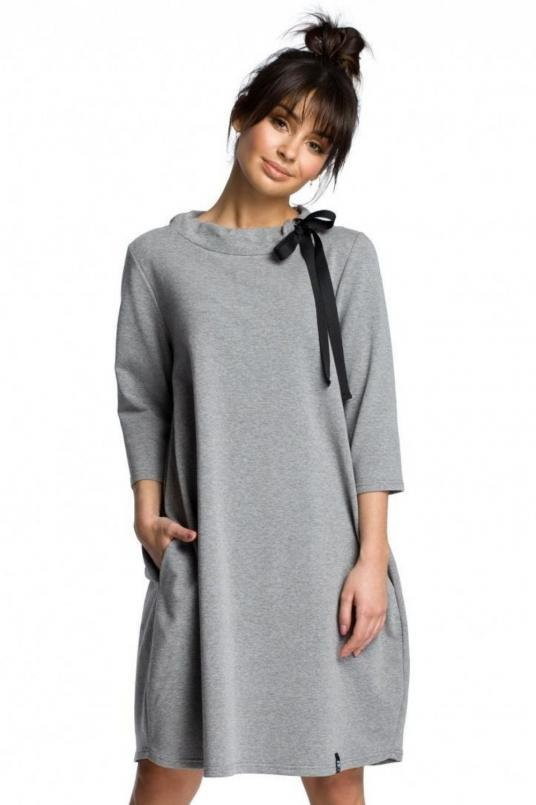 SukienkiShop Wygodna sukienka oversize typu bombka z kieszeniami i wiązaniem szara - SukienkiShop