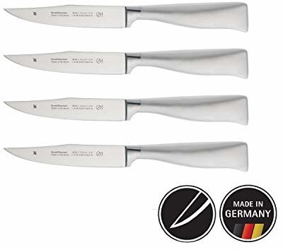 WMF Grand Gourmet noże do steków nóż zestaw 4-częściowy, kuty, Performance Cut, specjalna stal ostrza, uchwyt ze stali nierdzewnej, ostrze 13 cm, nierdzewna, Przezroczysty, 37 x 8 x 3.1 cm, 4-jednoste