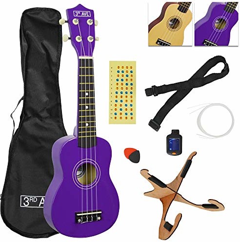 3rd Avenue 3rd Avenue Zestaw ukulele sopranowego, w tym pokrowiec, pasek, kostki, stroik, stojak, naklejki na podstrunnicę i struny  wykończenie fioletowe STX40PUPK