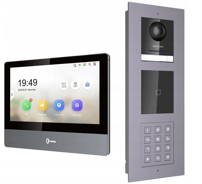 Hikvision Zestaw wideodomofonowy IP Hikvision: Monitor 7" LCD DS-KH8350-WTE1 + panel zewnętrzny z kamerą , szyfratorem i czytnikiem zbliżeniowym