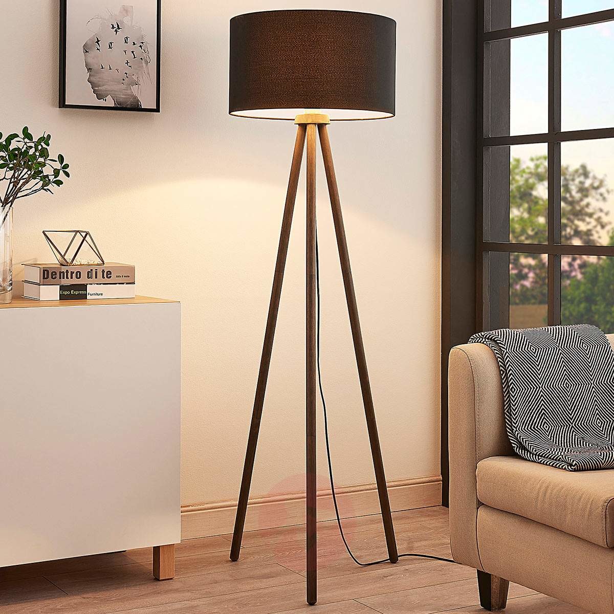 Lampenwelt com Tekstylna lampa stojąca Majken ciemnoszara/czerń