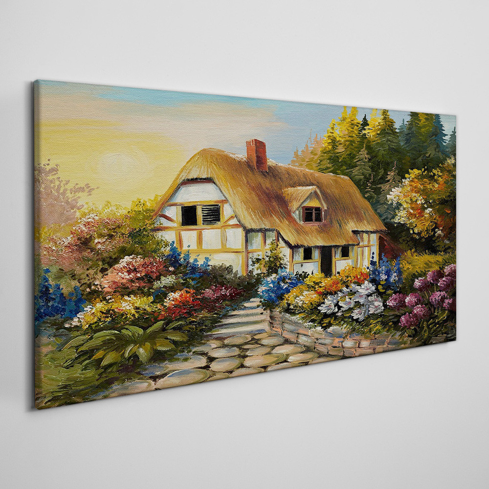 PL Coloray Obraz na Płótnie kwiaty drzewa chata wieś 120x60cm