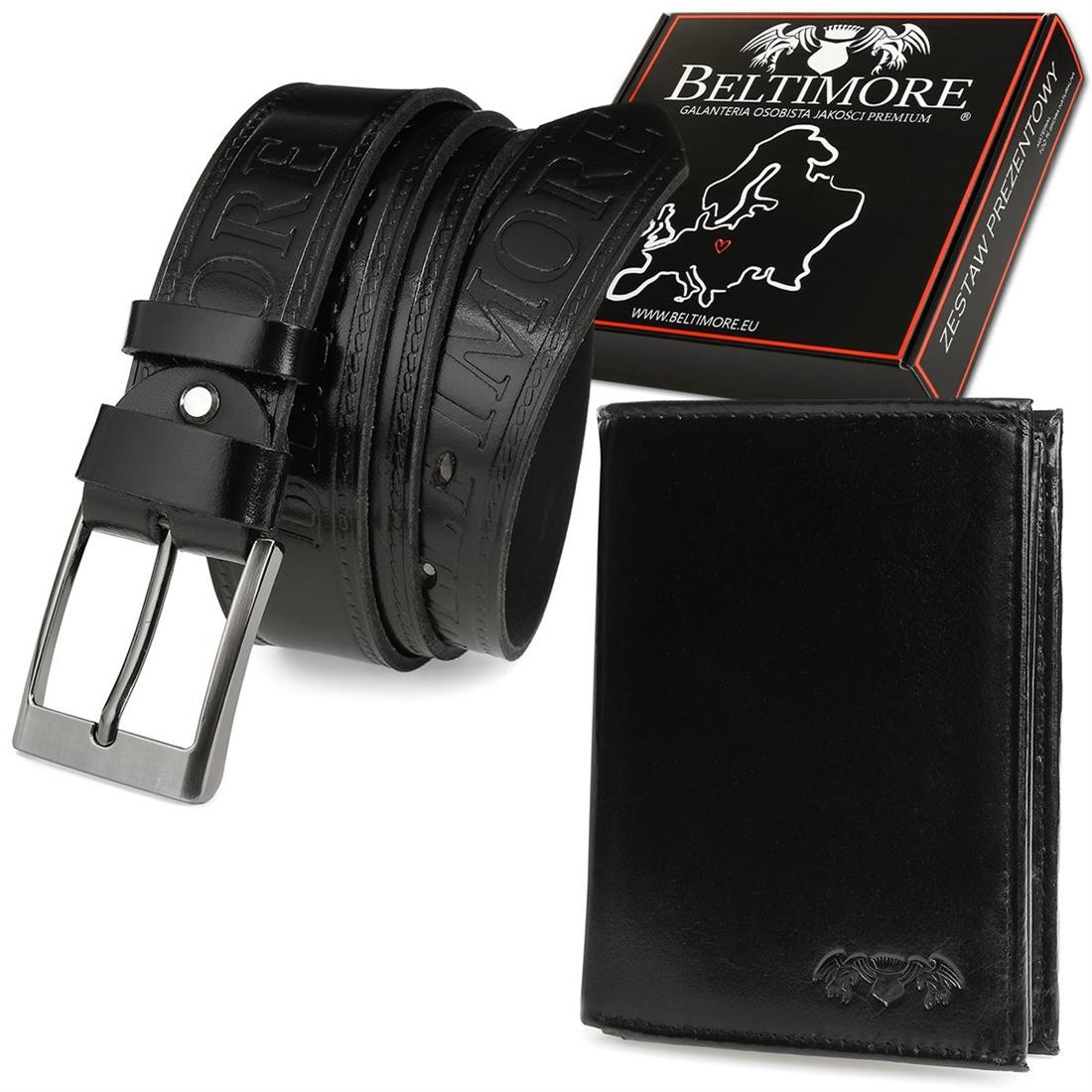 Beltimore Zestaw męski skórzany premium Beltimore portfel pasek U01 : Kolory - czarny, Rozmiar pasków - r.95-110 cm
