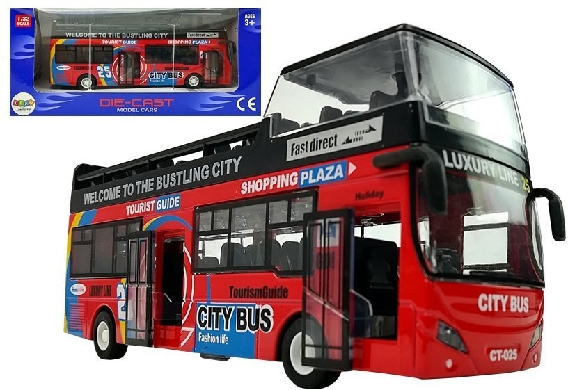 Import LEANToys Autobus Piętrowy z Dźwiękiem 1:32 Otwierane Drzwi Czerwony