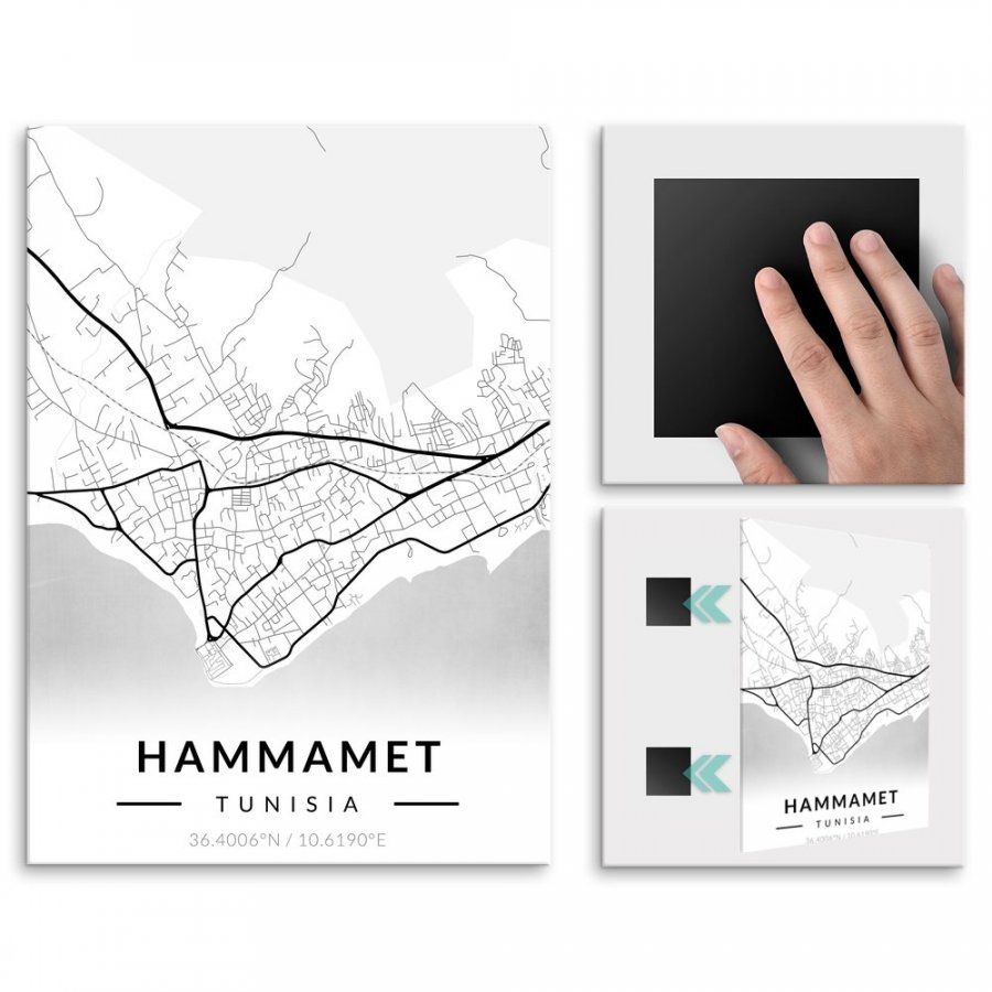 Pix4home Plakat metalowy Mapa B&W Hammamet L POS-L-03661