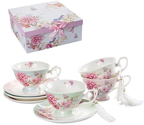 London Boutique Kawa Filiżanka i spodek do herbaty Zestaw 4 Shabby Chic Vintage ptak motyl porcelanowego Flora prezent-Box, 11x8cm