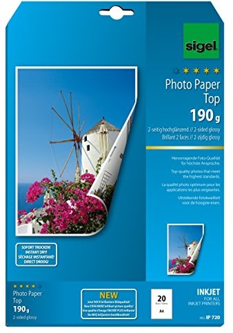 Sigel SIGEL IP720 atramentowy top papier fotograficzny, dwustronny, błyszczący, biały, do druku dwustronnego, 190 g/m2, A4, 20 arkuszy IP720