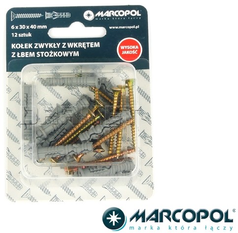 Kołki rozporowe z wkrętami 6 x 30 x 40 mm, 12 szt. - MARCOPOL (QB0141) QB0141