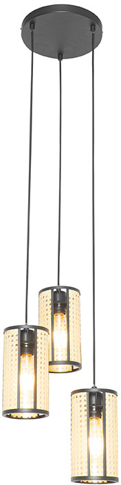 QAZQA Retro lampa wisząca czarna z rattanem 3-punktowa okrągła - Akira