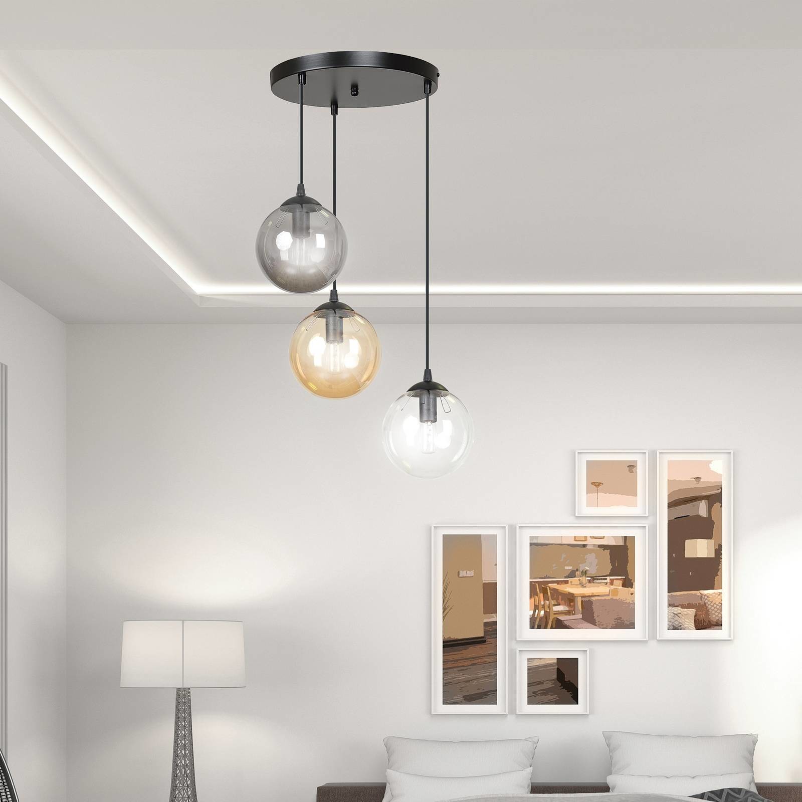 EULUNA Lampa wisząca Glassy 3-pkt okrągła grafit/bursztyn