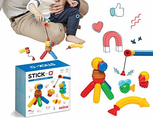 Stick-O Stick-O Magnetyczne klocki dla dzieci od 1 lat kreatywna zabawka konstrukcyjna zabawka edukacyjna z magnesem zestaw wędkarski dla dziewcząt i chłopców zestaw 26 sztuk Stick-O set de pche (16 Modelle)