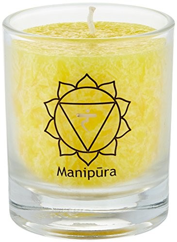 Palm Light 4041678004286 czakra świeca kolorowa zestaw 4-częściowy, Mani Pura Chakra, świeca z oleju palmowego, wysokość 6 cm, czas palenia około 15 godzin, żółty 4041678004286