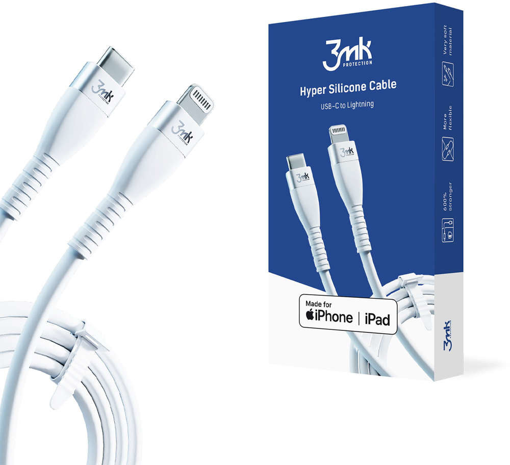 3mk Kabel 1m 3mk Hyper Silicone Cable przewód USB-C do Lightning 20W 3A MFi Biały 12426X0