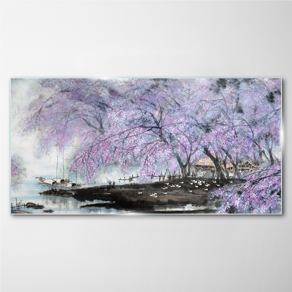 PL Coloray Obraz na Szkle Drzewa Kwiaty Łodzie 140x70cm