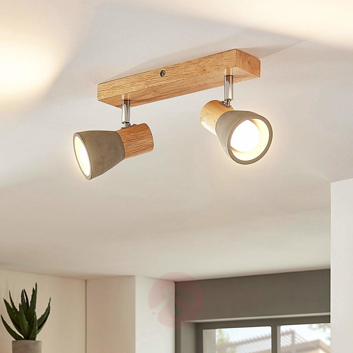 Lindby Landelijke plafondlamp hout met beton 2-lichts incl. LED - Filiz