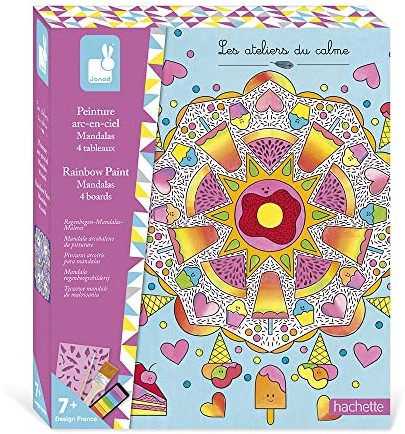 Janod zestaw farb tęczowych Mandala-The Ateliers du Calme-Kit kreatywny wypoczynek Dziecko-4 obrazy do realizacji drobnych zdolności motorycznych i koncentracji-Od 7 lat, J07992, Wielokolorowy J07992