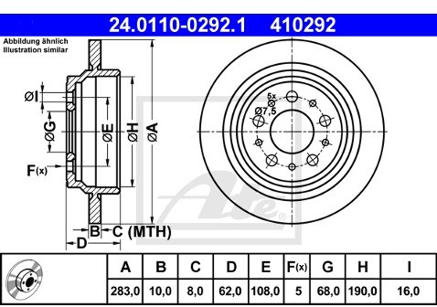 ATE TARCZA HAM 24.0110-0292.1 VOLVO V70 I 2.3T AWD, 2.3T-5 AWD 97-00, 2.5 AWD 99-00, 2.5TDI AWD 96-00  24.0110-0292.1