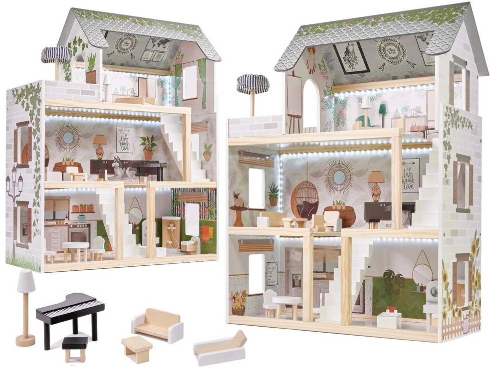 LULILO Domek dla lalek drewniany FLORO w stylu boho podświetlenie LED 3 piętrowy dom z mebelkami akcesoria zestaw