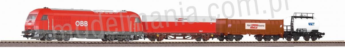 Piko Zestaw startowy spalinowozu Herkules ÖBB z 3 wagonami towarowymi z nasypem 97948