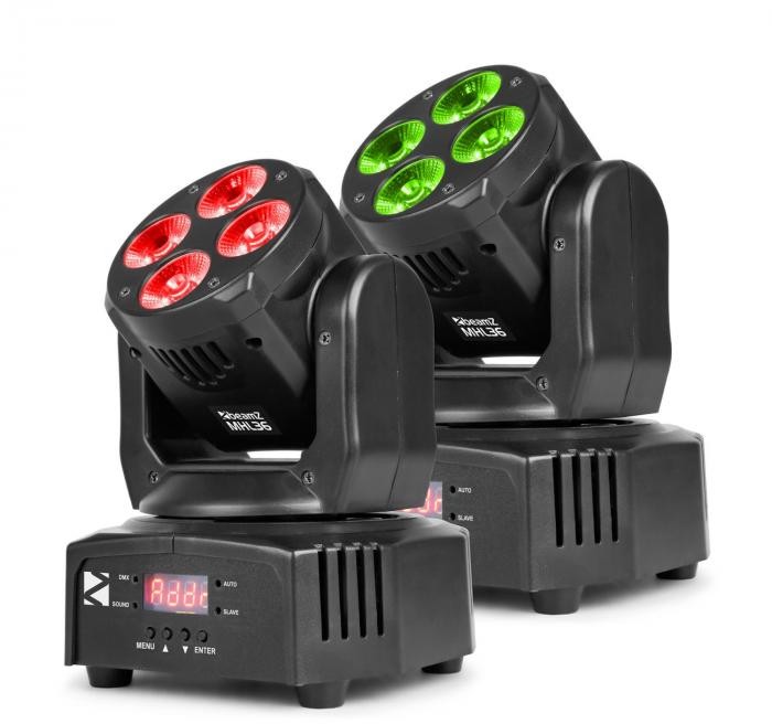 Beamz MHL36 Moving Head Zestaw 2 projektorów LED 4 x dioda LED 9 W 4w1 RGBW 4 show świetlne kolor czarny 150.532
