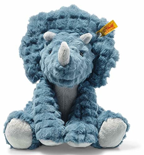 Steiff 087806 oryginalny pluszowy zwierzak Dixi Triceratops, Soft Cuddly Friends przytulanka ok. 28 cm, markowy plusz z guzikiem w uchu, Przytulny przyjaciel dla niemowląt z narodzin, Petrol 087806