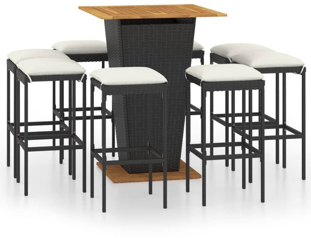vidaXL 9-cz. zestaw barowy do ogrodu, z poduszkami, rattan PE, czarny 3064854