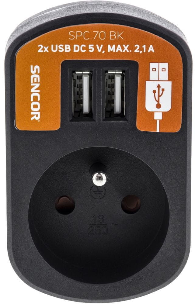 Sencor wtyczka SPC 70 BK z 2× USB 5 V 2 100 mA
