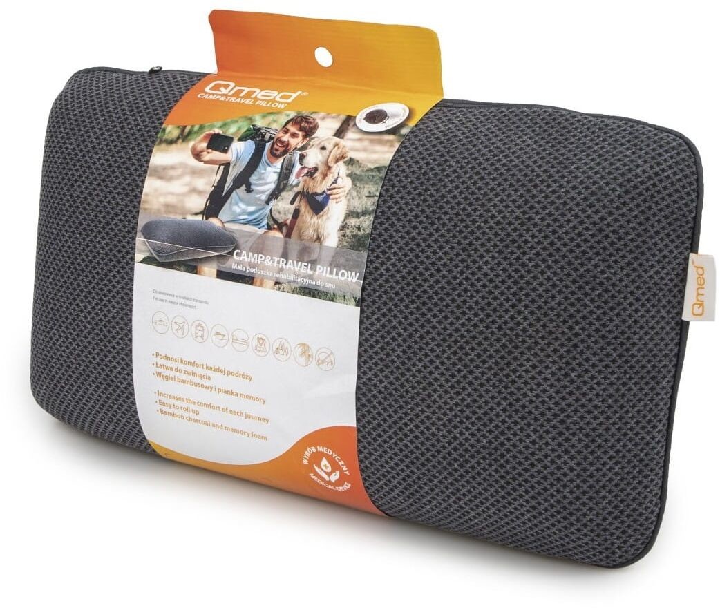 Qmed Mała poduszka do snu łatwa w transporcie - poduszka podróżna - pianka memory + węgiel bambusowy - zwiększenie komfortu podczas podróży Qmed (Camp&Trav