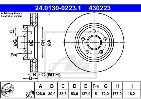 ATE 24.0130-0223.1 TARCZA HAMULC. JEEP GRAND CHEROKEE 05-10 PRZÓD JEEP COMMANDER