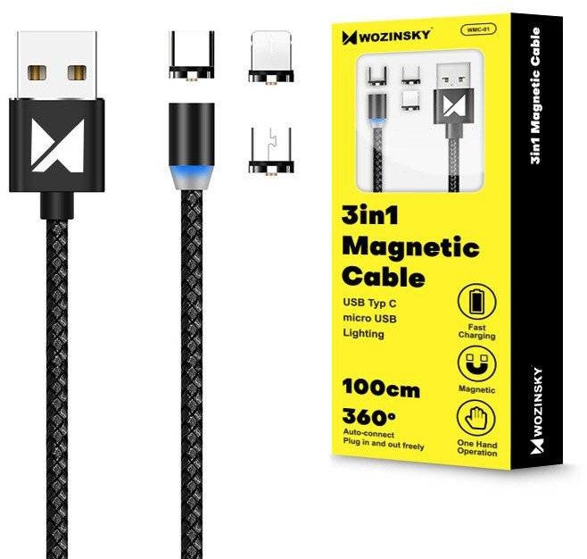 Wozinsky Magnetyczny kabel przewód USB / micro USB / USB Typ C / Lightning 1m z diodą LED czarny WMC-01