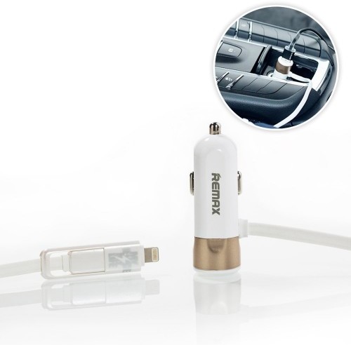 Remax ładowarka samochodowa 3.4A z kablem lightning micro USB biała 6954851238898