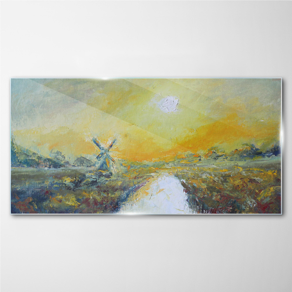 PL Coloray Obraz Szklany wieś młyn zachód słońca 140x70cm