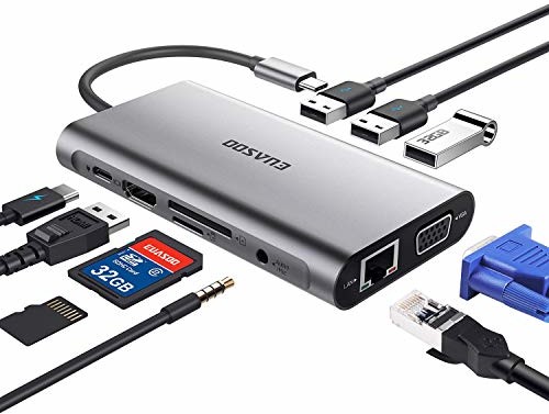 EUASOO EUASOO Hub USB C, USB typ C, adapter 10 w 1, aluminiowy koncentrator typu C, z HDMI 4K, Gigablit Ethernet RJ45, 1080p VGA, wyjście audio 3,5 mm, czytnik kart SD/TF z ładowaniem typu C PD, kolor szary USB C Hub
