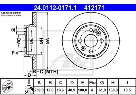 ATE TARCZA HAM 24.0112-0171.1 DACIA LOGAN 1.4 04-, 1.5DCI 05-, 1.6 04-/ RENAULT TWINGO 1.2 16V 04-  24.0112-0171.1