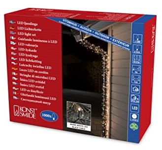 Konstsmide 3648 110 Micro LED łańcuch świetlny, mroźny/na zewnątrz (IP44)/1000 ciepłe białe diody/zewnętrzny transformator 24 V/czarny przewód 3648-110