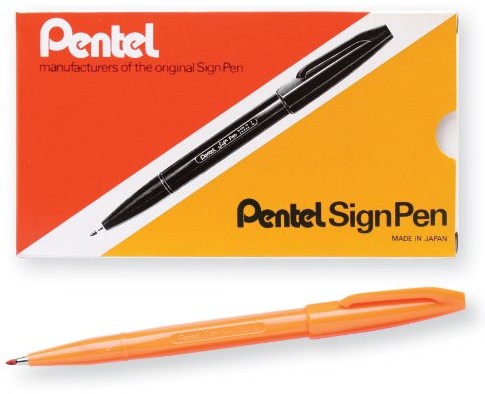 Pentel Sign Pen, końcówka z włókna, tusz czarny (S520-A), pomarańczowy S520-F