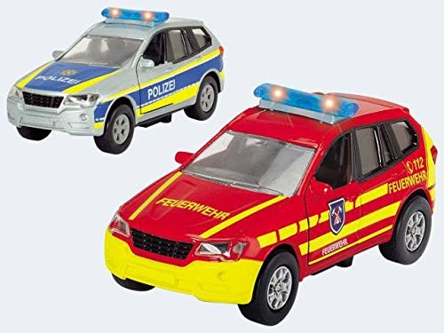 Dickie Toys Toys 203712011 - S.O.S. Safety Unit, samochód policyjny lub strażacki z silnikiem cofania, z funkcją światła i dźwięku, 1:43, 12 cm (sortowane) 203712011