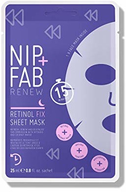 Nip+Fab Nip + Fab Retinol Fix | Maseczka Tkaninowa do Twarzy z Retinolem | Woda Kokosowa | Szarotka Alpejska | Nawilżająca Żelowa Maseczka do Twarzy | Zmniejszone Pory | 25 ml