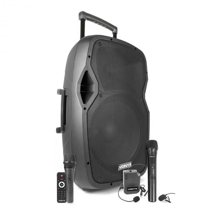 Vonyx Vonyx AP1500PA, przenośny zestaw nagłośnieniowy, 15 cali, BT/ USB/ SD/ AUX,  3x mikrofon, akumulator, kółka, 800 W 170.338