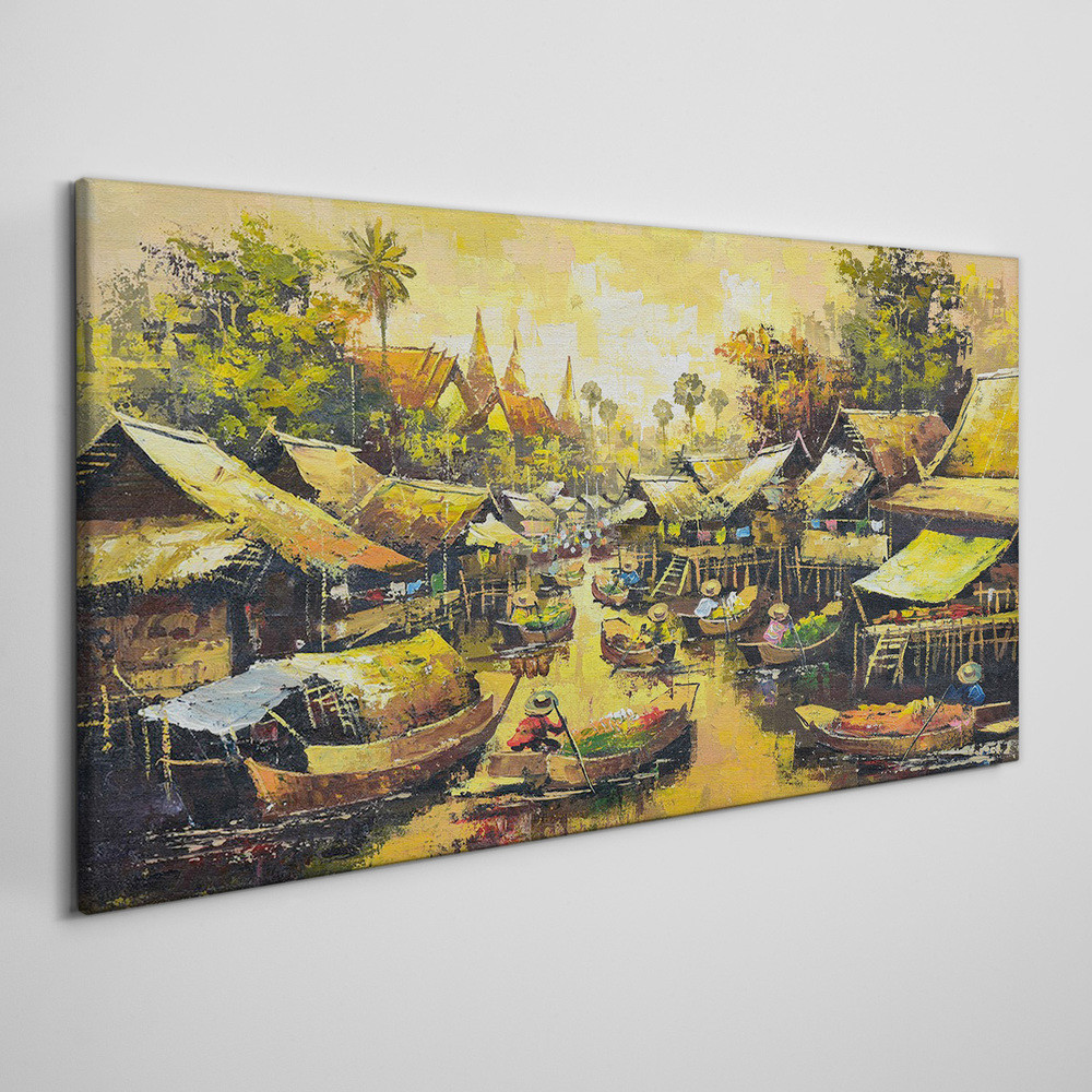 PL Coloray Obraz na Płótnie łodzie wioska drzewa niebo 100x50cm