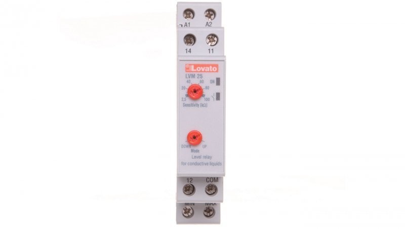 Lovato Przekaźnik kontroli poziomu cieczy 24-240VAC 2,5-100kOhm z regulacją czułości LVM25240 LVM25240