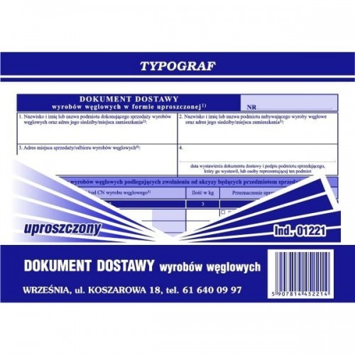 Typograf Druk samokopiujący dokument dostawy wyrobów węglowych w formie uproszczonej A5 80 kartek 01221/ TP301