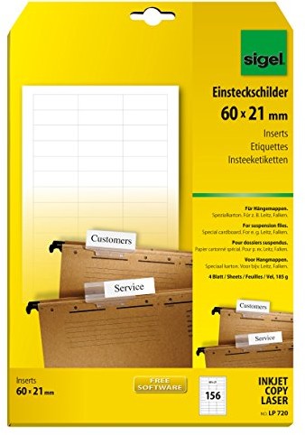 Sigel LP720 blanko tabliczki informacyjne dla wiszące wysuwanymi szufladami biała (A4, 156 sztuk, 60 X 21 MM) zapewnia Leitz/Falken LP720