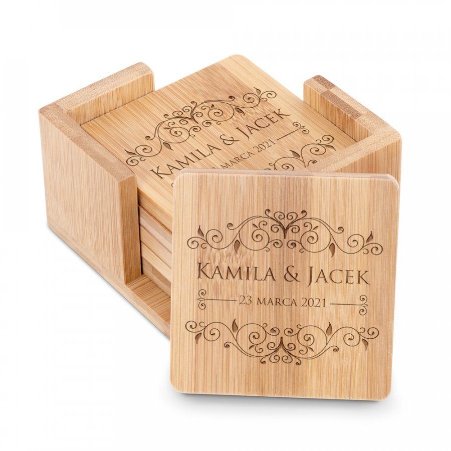 Murrano Podkładki bambusowe pod piwo kawę zestaw x6 grawer dla pary na ślub r PDK-BMB-002