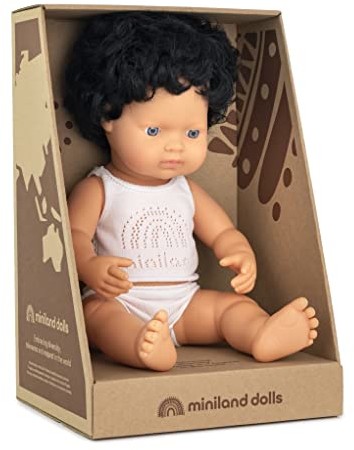 Miniland Miniland Dolls europejska lalka niemowlęca chłopiec z czarnymi lokami 38 cm z miękkiego winylu z bielizną w pudełku prezentowym (31261) 31261