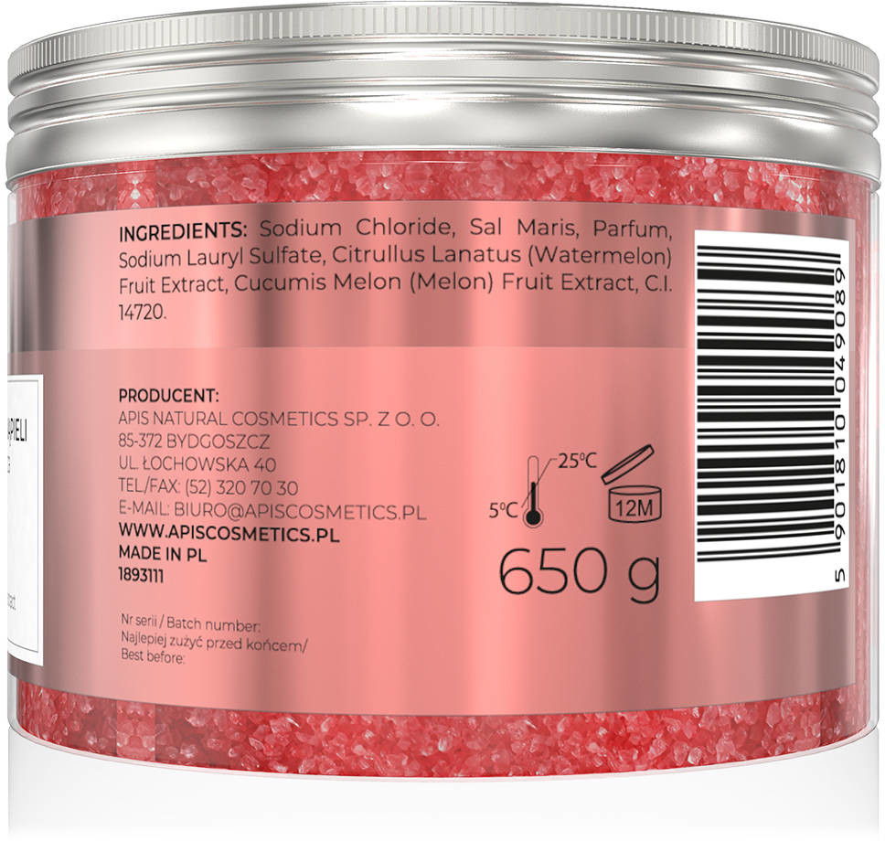 APIS NATURAL COSMETICS APIS, Sól do kąpieli nawilżająca z ekstraktem z arbuza i melona, 650 g