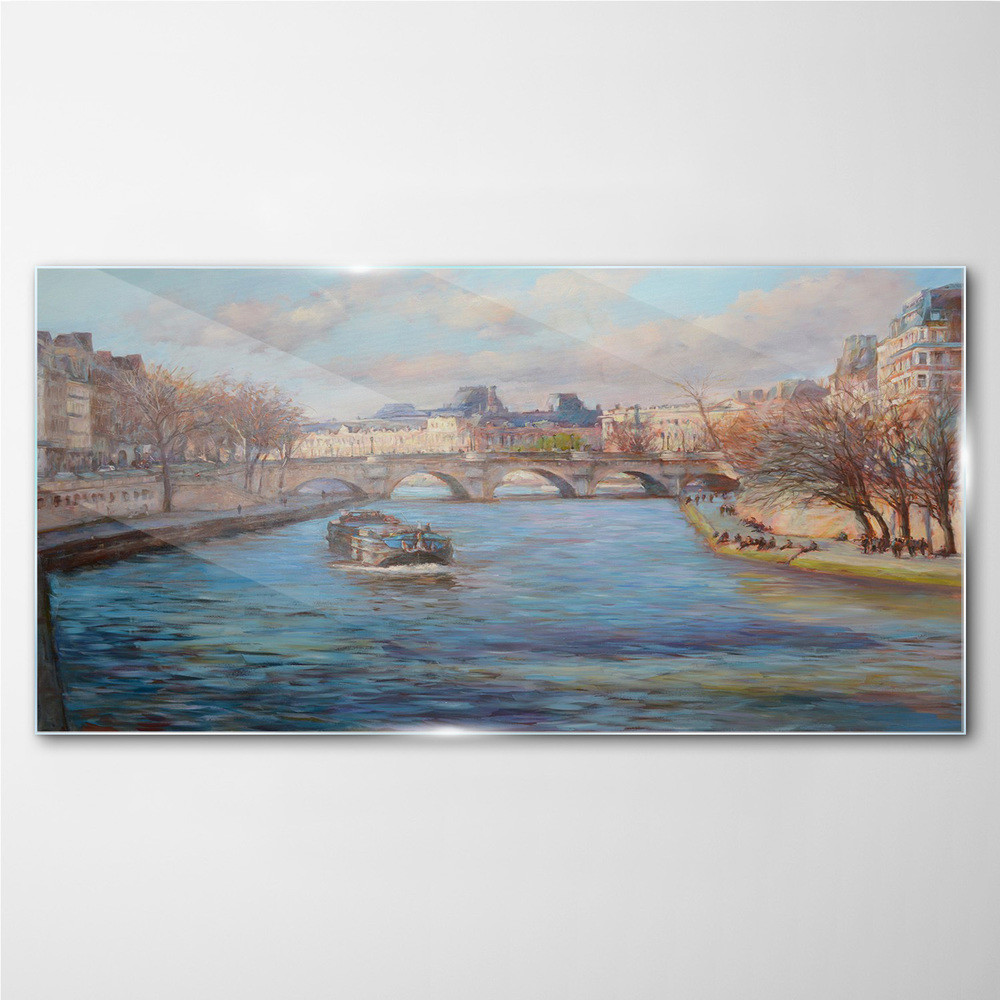 PL Coloray Obraz na Szkle Miasto rzeka most drzewa 100x50cm